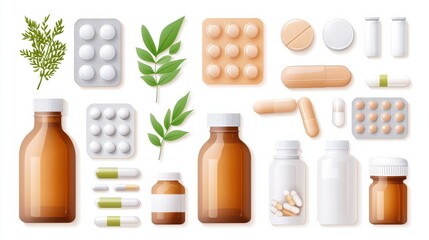 Medicine bottles and blister packs arrangement pharmacy product photography clean environment top-down view healthcare concept