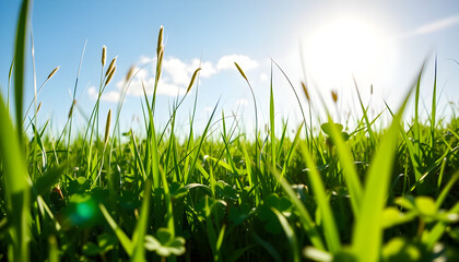 Fototapeta premium Sunlit green grass landscape outdoor nature scene bright daylight low angle view