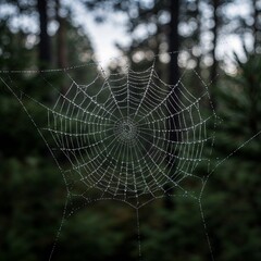 Naklejka premium Spider Web Glimmering in Moonlight Against a Forest Background 