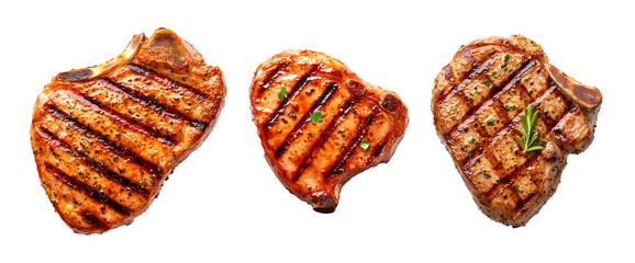 Juicy grilled pork chop with char marks, pepper seasoning, and a golden glaze isolated on white transparent background.