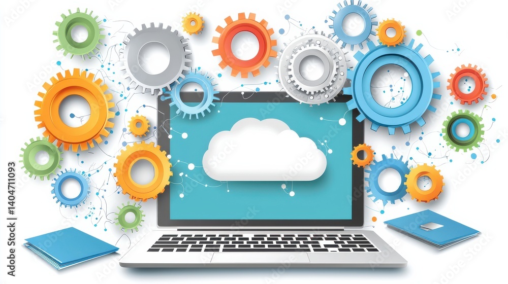 Poster digital transformation action with isometric gears and cloud technology modern workspace graphic des