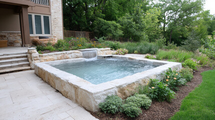 serene spa pool built into natural stone, surrounded by lush greenery and gentle waterfall