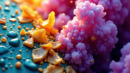 Colorful microscopic view of orange and purple organic structures with textured surface.