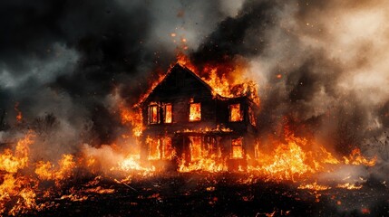 Inferno: House engulfed in flames, apocalyptic scene