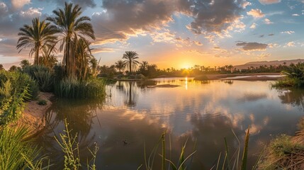 Serene sunset over a tranquil oasis, with palm trees reflecting in the water and vibrant clouds