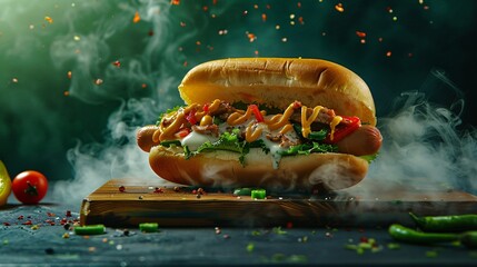 A delicious hot dog with melting cheese vegetables and meat inside it flying in the air