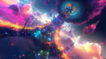 Fantastic celestial scene featuring ethereal clouds and cosmic structures