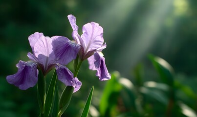 Iris flowers with blurred forest elements and sunlight in the background, Generative AI