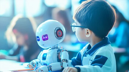 Enthusiastic Young Learner Engages with Robot Companion in Futuristic Classroom Setting
