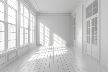 Fototapeta premium Bright, empty interior of a modern room with large windows casting shadows on the floor