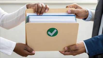 Hands Passing Approved File Folder with Check Mark Label Showing Success