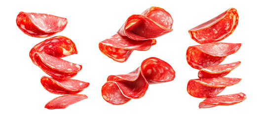 Set of thin slices of Salchichon salami isolated on white transparent background. Concept of cured meat