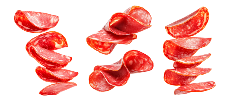 Set of thin slices of Salchichon salami isolated on white transparent background. Concept of cured meat