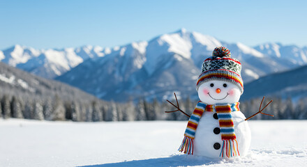 Fototapeta premium Snowy Peaks, Happy Snowman: A Winter Wonderland AI Generated