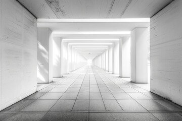 A minimalist corridor with bright lighting and white pillars, leading to a distant light source