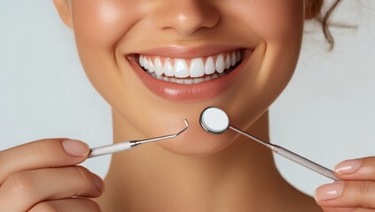 Dental check-up highlights healthy smile with tools in hand at dental clinic