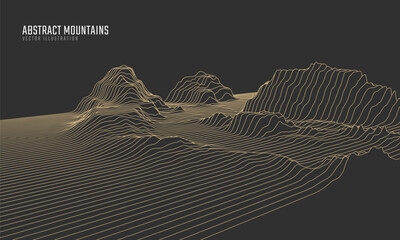 Contour mountain landscape. Waved line art. Abstract minimal topographic map. Contour lines with elevations and terrain depth. Vector illustration.