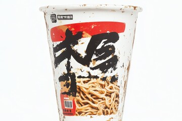 Instant noodles container with dry noodles on display showcasing unique design and textures at a modern art exhibition