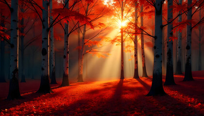 "Peaceful Woodland Landscape with Sunlight Filtering Through Trees"

