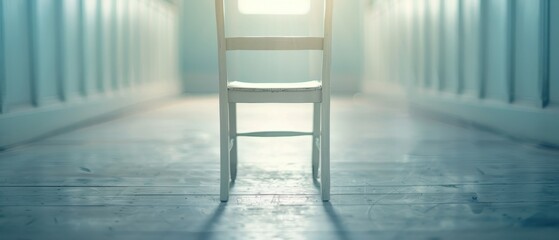 A chair in the middle of an empty room in a horror movie.