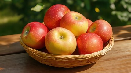 Ripe Apples in Wicker Basket on Wooden Table Under Sunlight in Lush Green Garden – Harvest Season Scene
