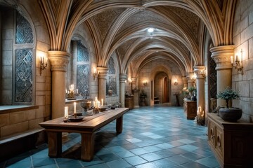 A gothic-style chamber with medieval hacker aesthetic: cloaks, candles, and cryptic screens