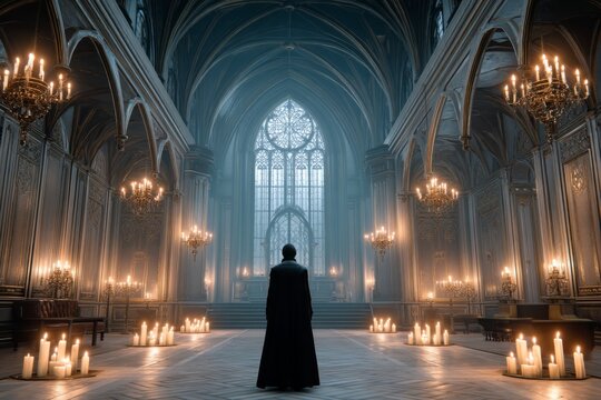A gothic-style chamber with medieval hacker aesthetic: cloaks, candles, and cryptic screens