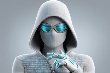 A hacker wearing gloves and a mask typing rapidly in front of encrypted code