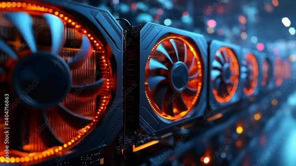 Poster bright lights, high-performance gpus. a close-up view of multiple high-performance graphics cards sh