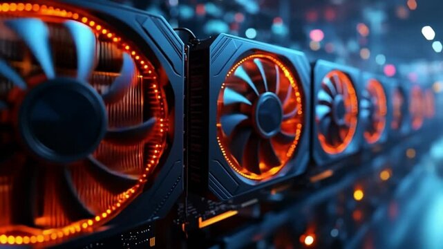 Bright lights, high-performance GPUs. A close-up view of multiple high-performance graphics cards showcasing glowing fans in a vibrant gaming setup.