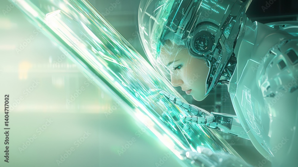 Poster ai-powered robot illustration analyzing data futuristic lab digital art high-tech environment close-