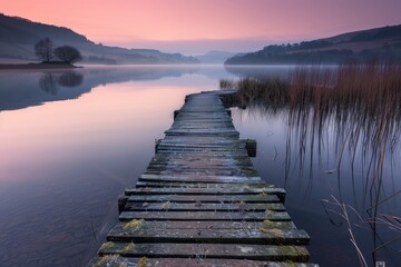 Serene wooden pier extending into calm lake at dawn, surrounded by misty hills and reeds