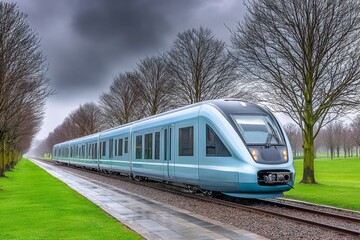 Naklejka premium A hydrogen-powered train traveling through countryside landscape