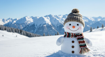 Obraz premium Snowy Mountain Majesty: A Cheerful Snowman's Winter Tale AI Generated