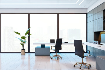 Modern business office interior with large windows, ergonomic chairs, wooden floor, and minimalistic furniture in urban high-rise setting. 3D Rendering
