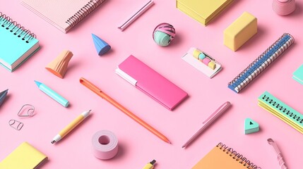 Obraz premium Isometric 3D rendering of colorful office supplies floating on soft pink background with geometric shadows, minimalist corporate branding style.