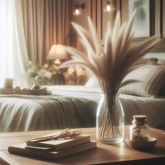 Elegant Bedroom Decor with Dried Flower Arrangement and Soft Natural Light