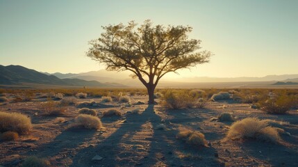 Lone tree silhouetted against a desert sunset, casting long shadows over arid landscape
