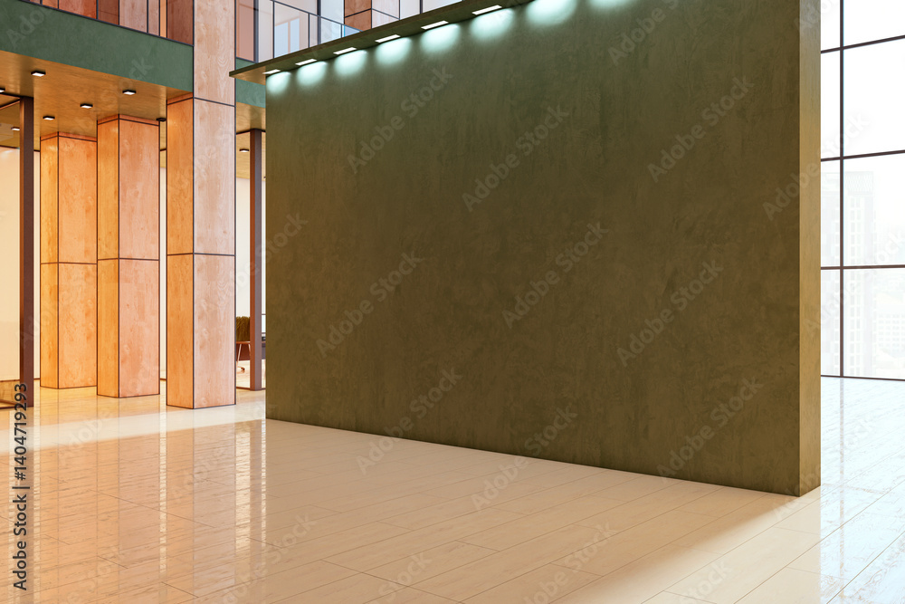 Aufkleber modern interior with large blank green wall and spotlighting in clean architectural space, ideal for