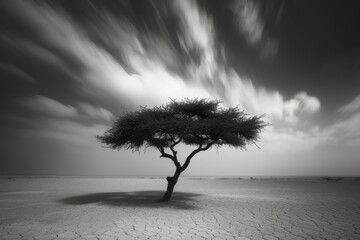 Solitary tree standing against a dramatic sky in a barren landscape, evoking resilience and isolation