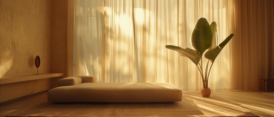 Serene minimalist bedroom with soft sunlight filtering through sheer curtains, featuring a large plant