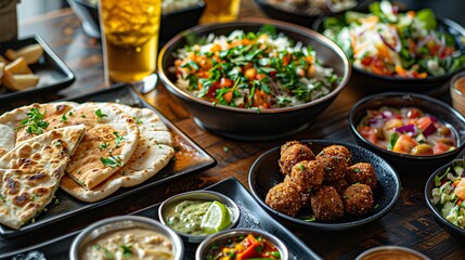 Fototapeta premium A table with various Middle Eastern dishes including pita bread and mixed nuts drizzled in hot sauce