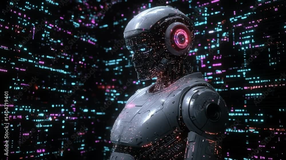 Poster robot in bright backdrop. a futuristic robot with intricate design stands still, illuminated by colo