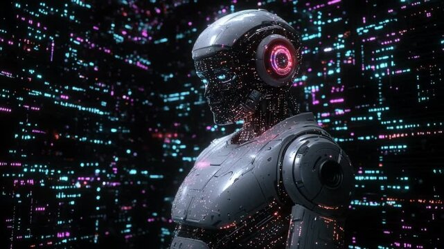 Robot in bright backdrop. A futuristic robot with intricate design stands still, illuminated by colorful digital patterns in the background.