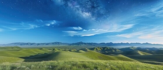 Expansive green hills under a starry night sky with a vibrant Milky Way, serene and tranquil landscape