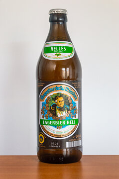 Pruszcz Gdanski, Poland - March 26, 2025: Bottle of German Augustiner Lagerbier Hell lager beer.