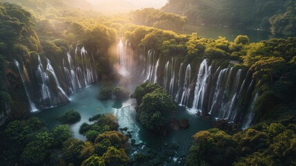 Aerial view of a stunning waterfall cascading into a lush green valley at sunrise, surrounded by mist