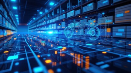 Fototapeta premium Inventory management order tracking concept. Futuristic warehouse with digital vehicle overlay, showcasing advanced technology and automated logistics.