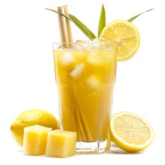 Sugarcane Juice in Glass with Ice Cubes and Lemon Slice