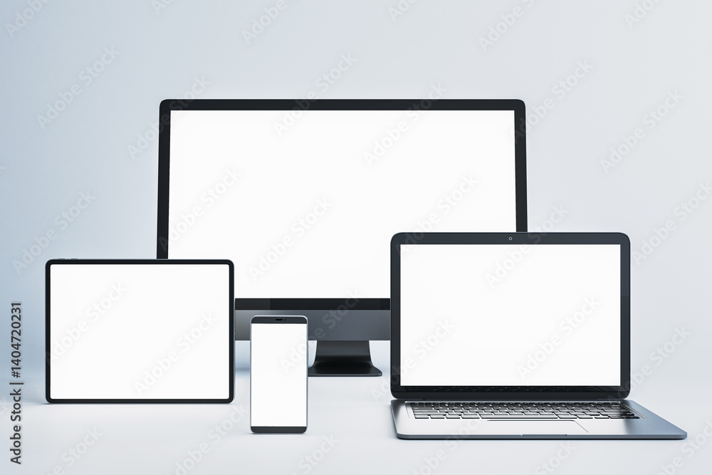 Aufkleber Blank digital device mockup set with computer, laptop, tablet, and smartphone on light gradient background for design presentation layout. 3D Rendering